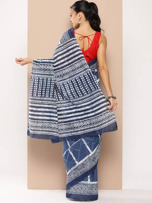  blue striped mulmul cotton sarees with unstitched blouse 3