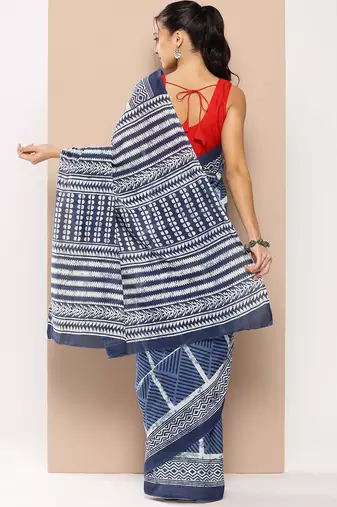  blue striped mulmul cotton sarees with unstitched blouse