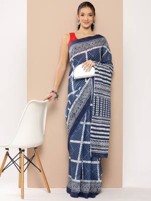 blue striped mulmul cotton sarees with unstitched blouse 4