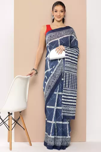  blue striped mulmul cotton sarees with unstitched blouse