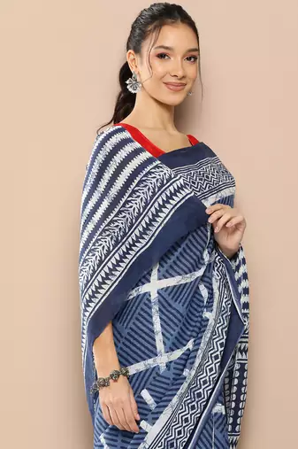  blue striped mulmul cotton sarees with unstitched blouse