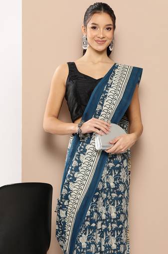  blue mulmul cotton floral sarees with unstitched blouse
