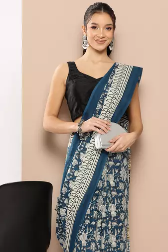  blue mulmul cotton floral sarees with unstitched blouse