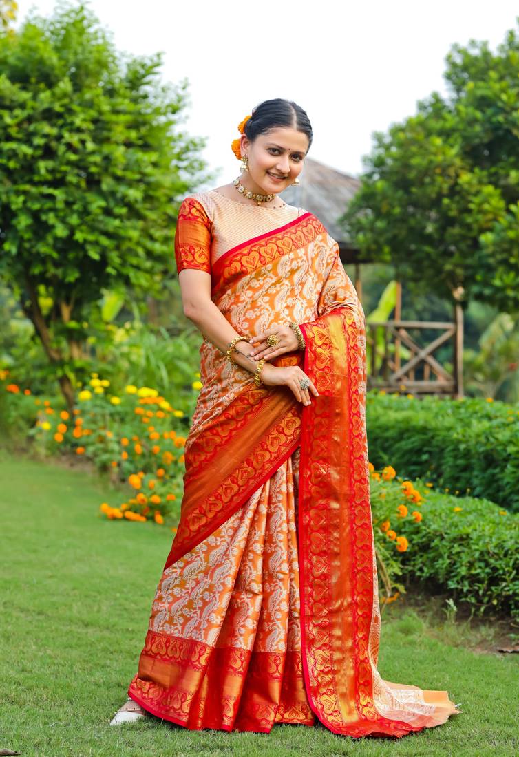 KORAMS DESIGN MUSTARD BANARASI SILK BLEND SAREE WITH BLOUSE FOR WOMEN