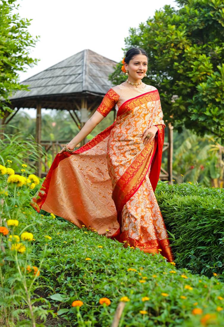 KORAMS DESIGN MUSTARD BANARASI SILK BLEND SAREE WITH BLOUSE FOR WOMEN