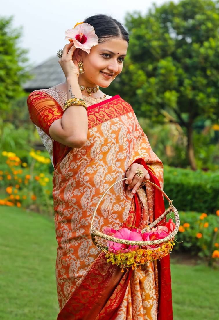 KORAMS DESIGN MUSTARD BANARASI SILK BLEND SAREE WITH BLOUSE FOR WOMEN