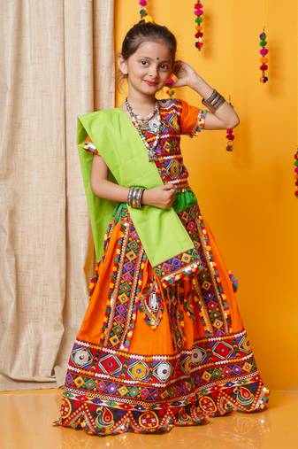 Banjara India Kutchi Emboidered Girls Chaniya Choli with Dupatta (CC-PTW) - Orange