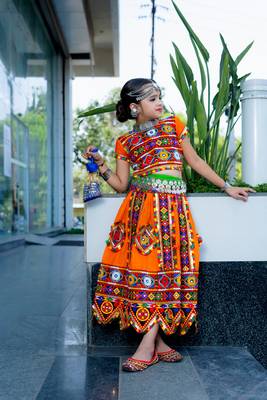 Banjara India Kutchi Emboidered Girls Chaniya Choli with Dupatta (CC-PTW) - Orange 5
