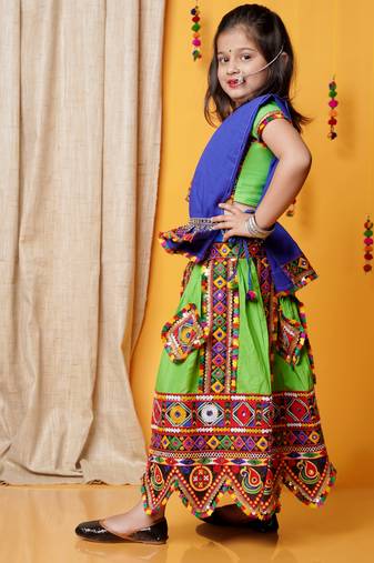 Banjara India Kutchi Emboidered Girls Chaniya Choli with Dupatta (CC-PTW) - Green