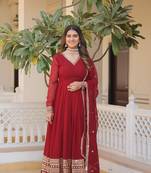 Women's maroon faux georgette with embroidered and multi-sequins work for party wear gown