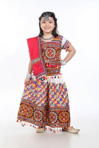Banjara India Kutchi Embroidered Girls Chaniya Choli with Dupatta (CC1-BWR) - White
