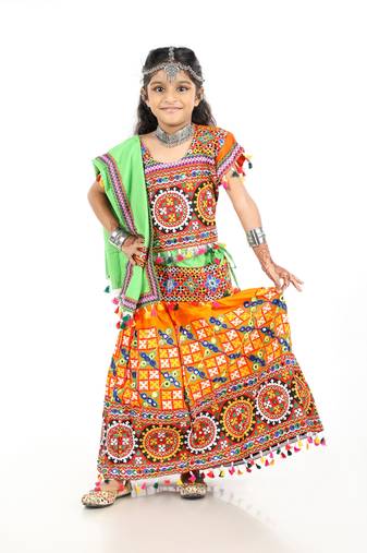 Banjara India Kutchi Embroidered Girls Chaniya Choli with Dupatta (CC1-BWR) - Orange