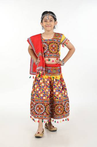 Banjara India Kutchi Embroidered Girls Chaniya Choli with Dupatta (CC1-BWR) - Yellow