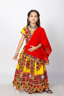 Banjara India Kutchi Emboidered Girls Chaniya Choli with Dupatta (CC-PTW) - Yellow 1
