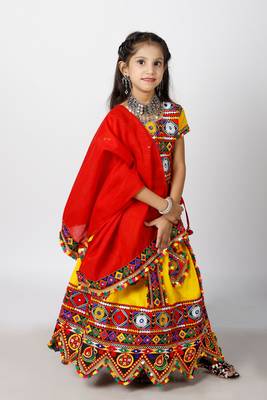 Banjara India Kutchi Emboidered Girls Chaniya Choli with Dupatta (CC-PTW) - Yellow 2