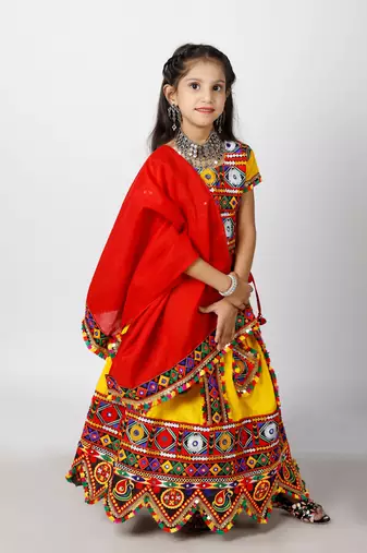 Banjara India Kutchi Emboidered Girls Chaniya Choli with Dupatta (CC-PTW) - Yellow