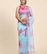 Blue digital printed and cut work saree with blouse