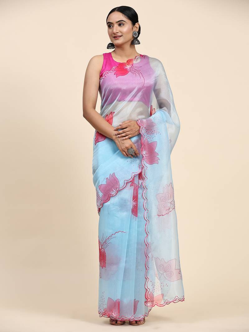 Blue digital printed and cut work saree with blouse