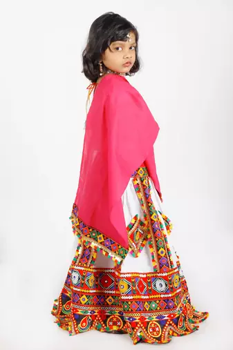 Banjara India Kutchi Emboidered Girls Chaniya Choli with Dupatta (CC-PTW) - White