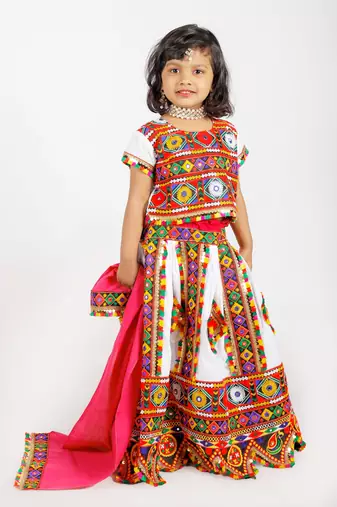 Banjara India Kutchi Emboidered Girls Chaniya Choli with Dupatta (CC-PTW) - White