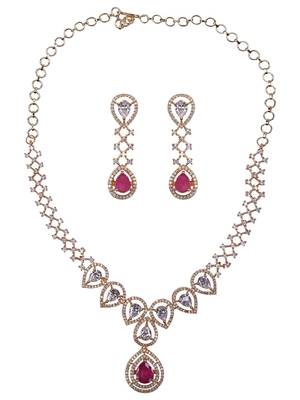 American Diamond Gold Plated Brass Ruby Stone Necklace Set 2