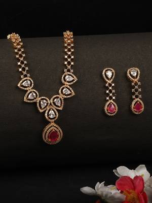 American Diamond Gold Plated Brass Ruby Stone Necklace Set 1