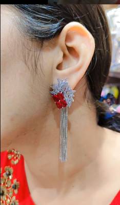 American Diamond Silver Plated Red Stone Earrings Set 1