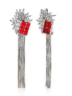 American Diamond Silver Plated Red Stone Earrings Set 4