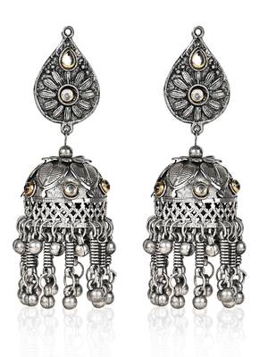 Oxidized Silver Color Kundan Light Weight Jhumki Earrings 2