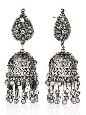 Oxidized Silver Color Kundan Light Weight Jhumki Earrings 3