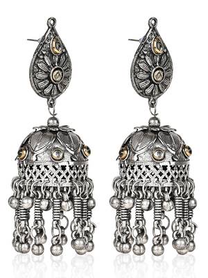 Oxidized Silver Color Kundan Light Weight Jhumki Earrings 4