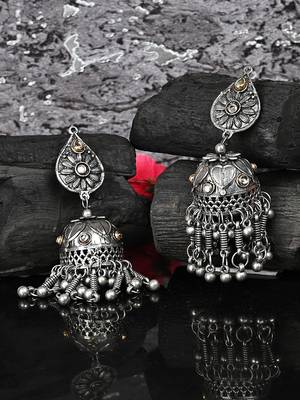 Oxidized Silver Color Kundan Light Weight Jhumki Earrings 1