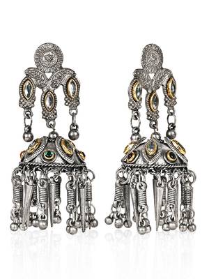 Oxidized Silver Color Kundan Light Weight Jhumki Earrings 2