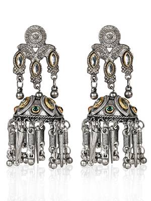 Oxidized Silver Color Kundan Light Weight Jhumki Earrings 3