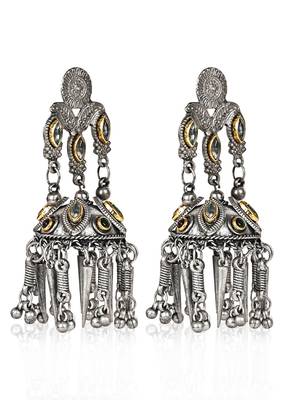 Oxidized Silver Color Kundan Light Weight Jhumki Earrings 4