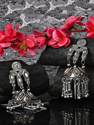 Oxidized Silver Color Kundan Light Weight Jhumki Earrings 1