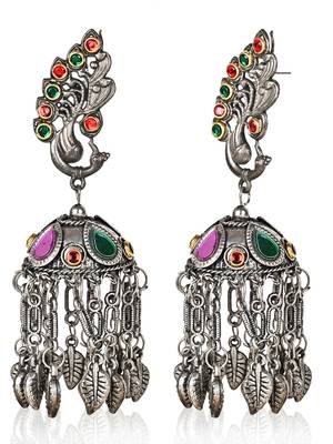 Oxidized Silver Color Kundan Light Weight Jhumki Earrings 2