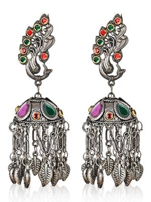 Oxidized Silver Color Kundan Light Weight Jhumki Earrings 3