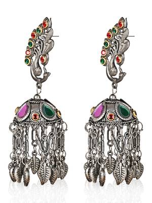 Oxidized Silver Color Kundan Light Weight Jhumki Earrings 4