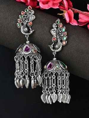 Oxidized Silver Color Kundan Light Weight Jhumki Earrings 1