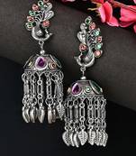 Oxidized Silver Color Kundan Light Weight Jhumki Earrings