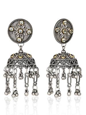 Oxidized Silver Color Kundan Light Weight Jhumki Earrings 2