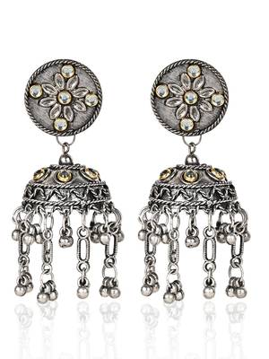 Oxidized Silver Color Kundan Light Weight Jhumki Earrings 3