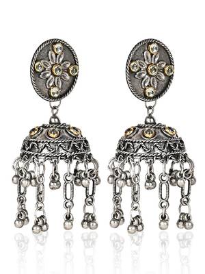 Oxidized Silver Color Kundan Light Weight Jhumki Earrings 4