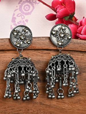 Oxidized Silver Color Kundan Light Weight Jhumki Earrings 1
