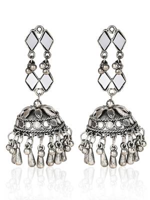Oxidized Silver Color Kundan Light Weight Jhumki Earrings 3