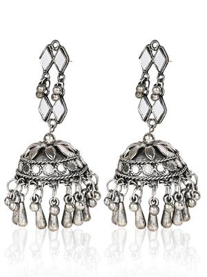 Oxidized Silver Color Kundan Light Weight Jhumki Earrings 4