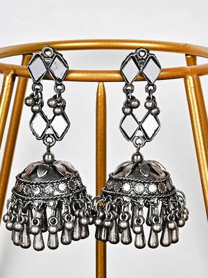 Oxidized Silver Color Kundan Light Weight Jhumki Earrings 1