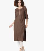 Brown Embroidered Collar Cotton Kurti