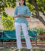 weaved sea green cotton checks printed top with embroidery